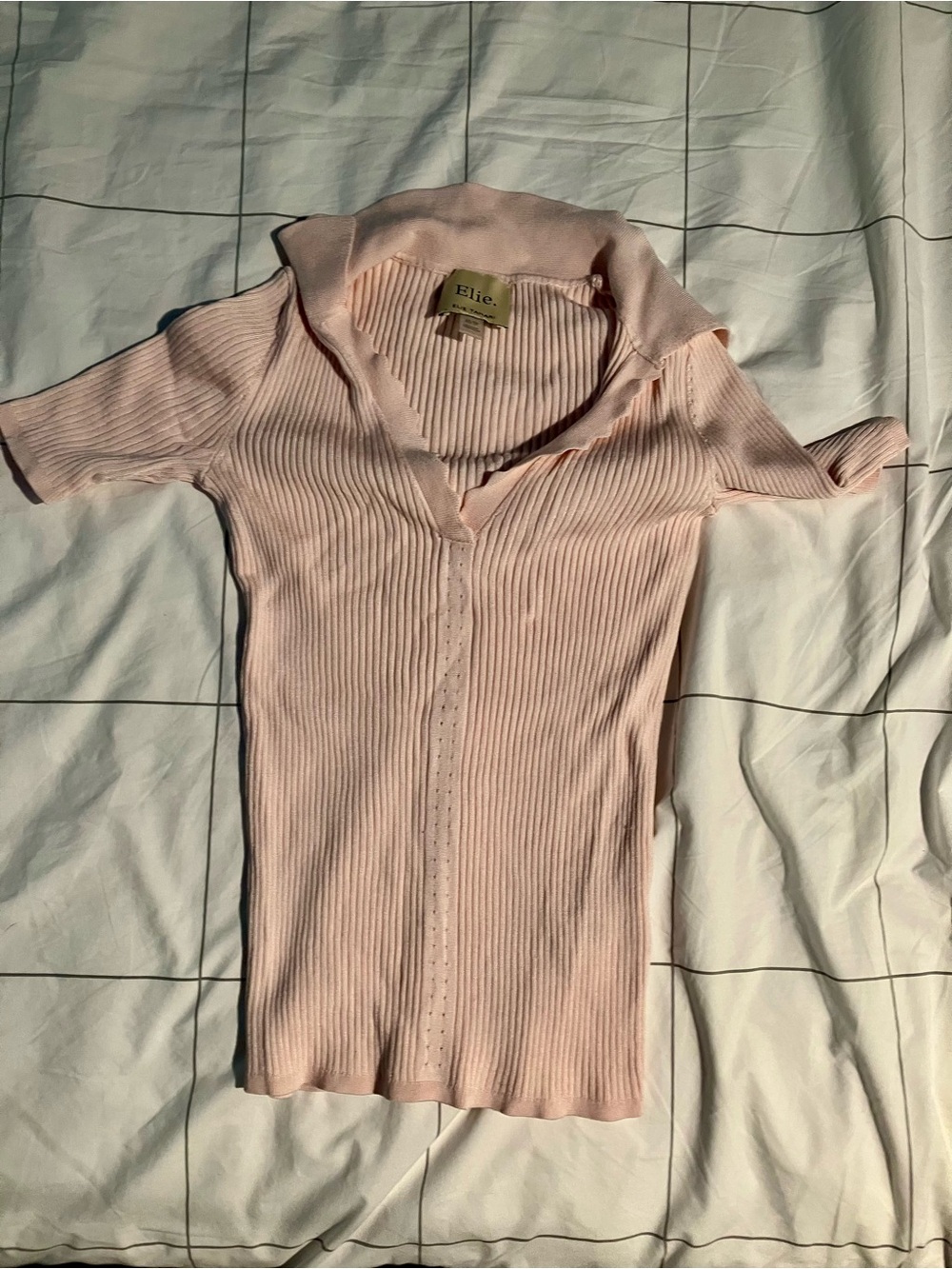 Elie Tahari Blush Pink Ribbed Short Sleeve Polo Top